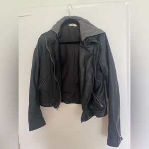 Black vegan leather jacket with hood